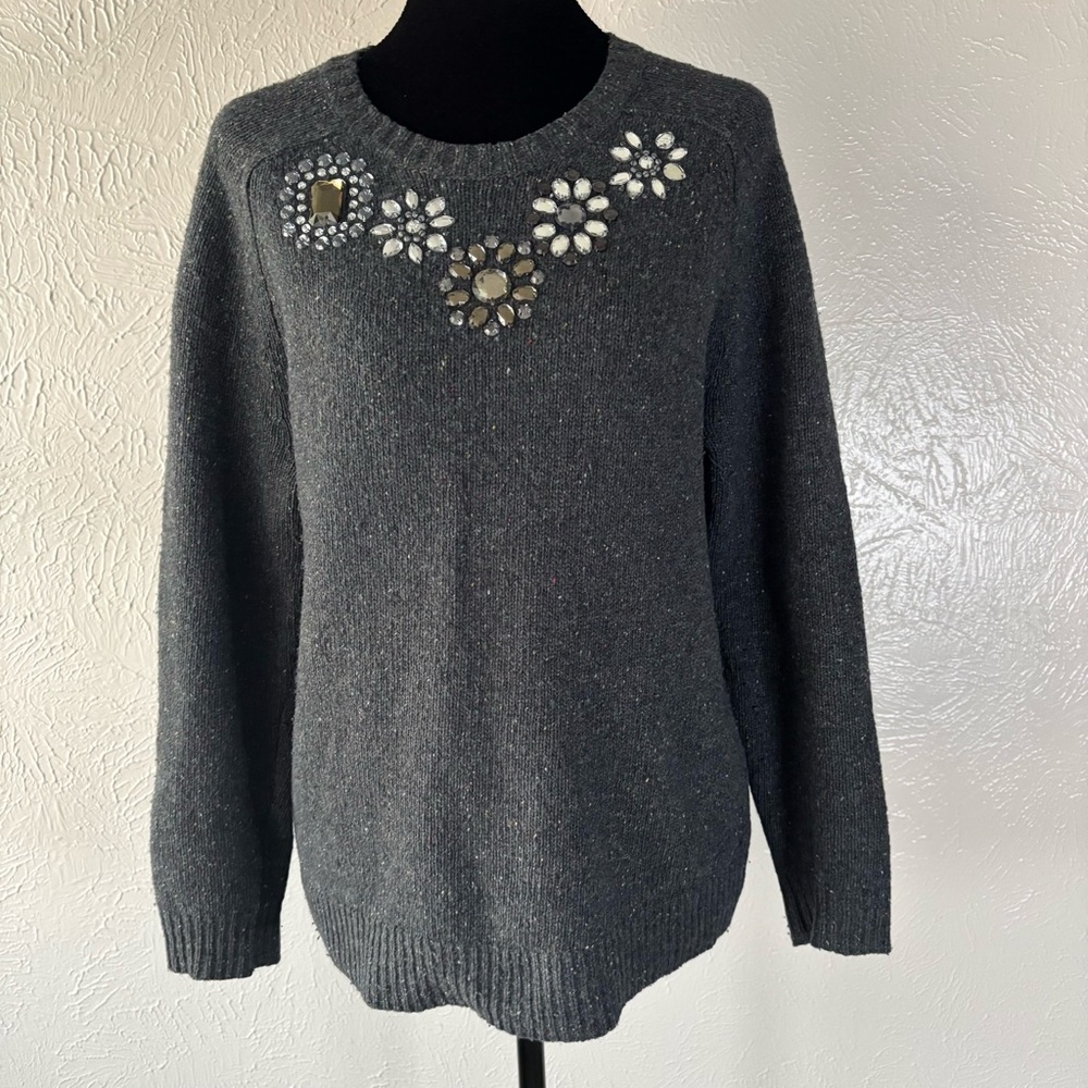 J. Crew Wool Charcoal Jeweled Crewneck Sweater